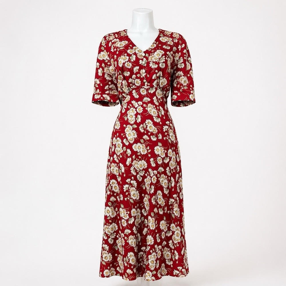 Vtg 90s Red Floral Midi‎ Dress Sz 9/10 Daisy Print Cottagecore Romantic Grunge